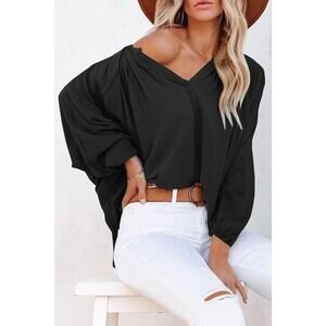 Bigeoosh Women Loose Lantern LongSleeve V-Neck Plain TShirt Dolman Blouse Size M